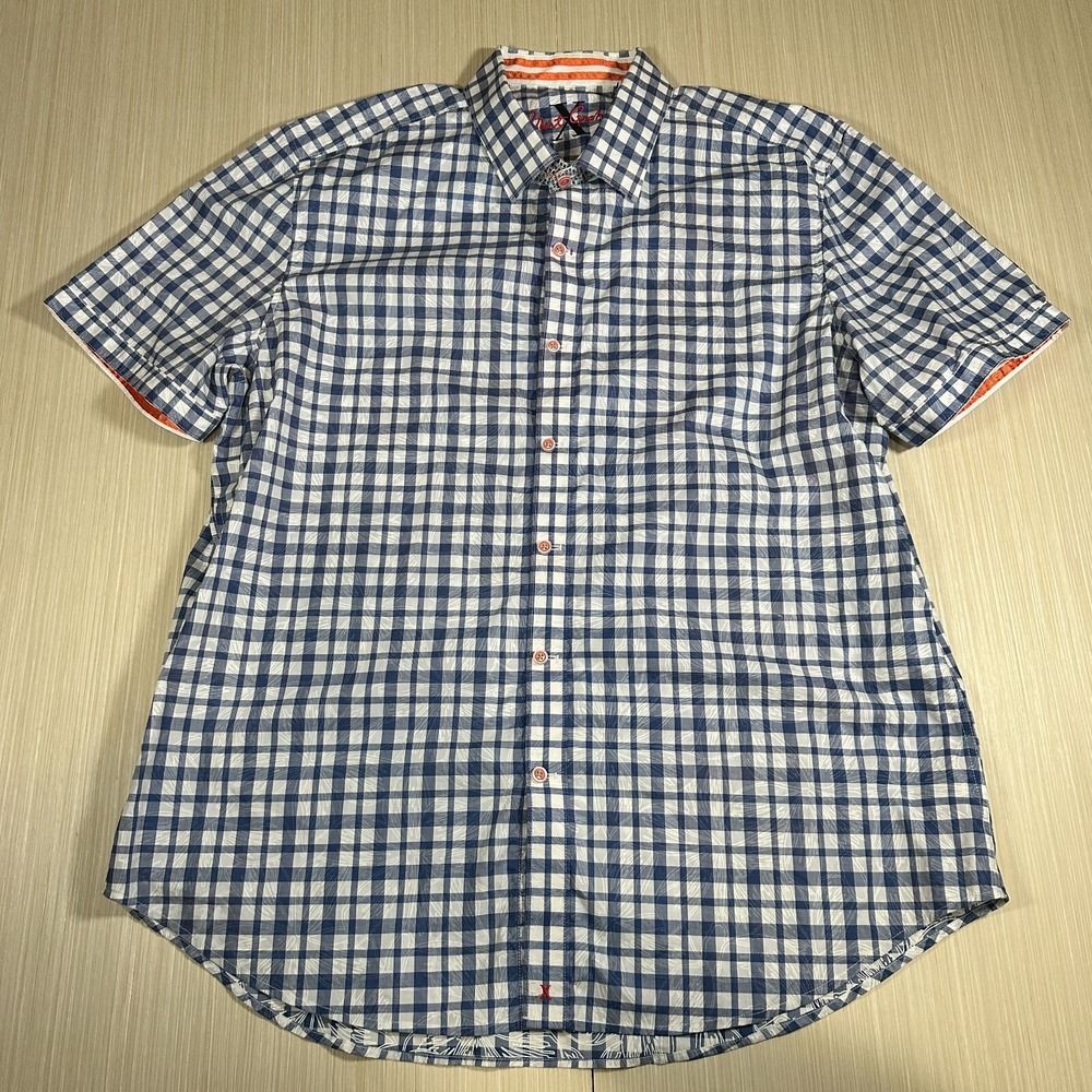 Robert Graham X Shirt Mens 2XL White Blue Check Floral Short Sleeve Button Up